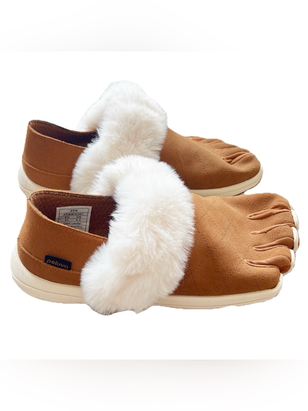 Peluva Zen 5 Toe Slip On Suede Fur Trim Shoes Tan White Women’s 9.5